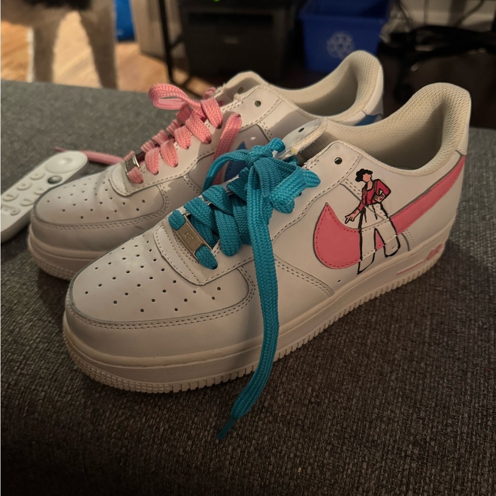 Custom White Nike  Sneakers with Pink and Blue Laces. Harry Styles
